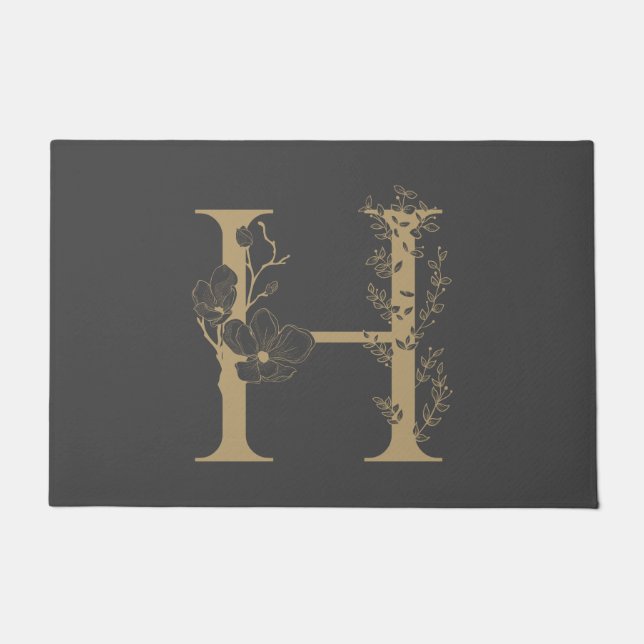 Elegant H Boho Floral Monogram Initial Gray Gold Fußmatte (Vorderseite)