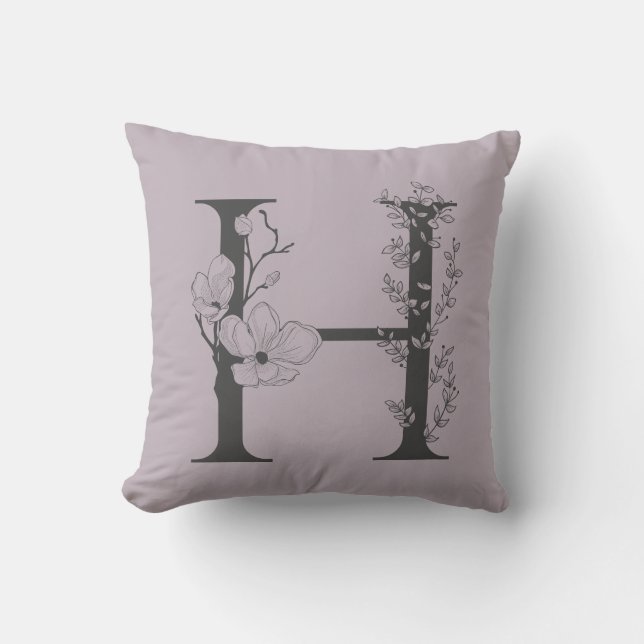 Elegant H Boho Floral Monogram Initial Lilac Gray Kissen (Vorderseite)
