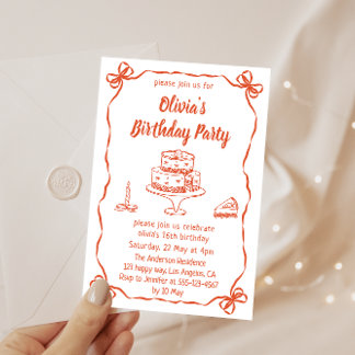 Elegant Hand-Drawn Cake & Ribbon Birthday Party Einladung