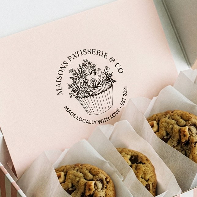 Elegant Hand Drawn Floral Cupcake Bakery Business  Gummistempel (Elegant Hand Drawn Floral Cupcake Bakery Business Rubber Stamp)