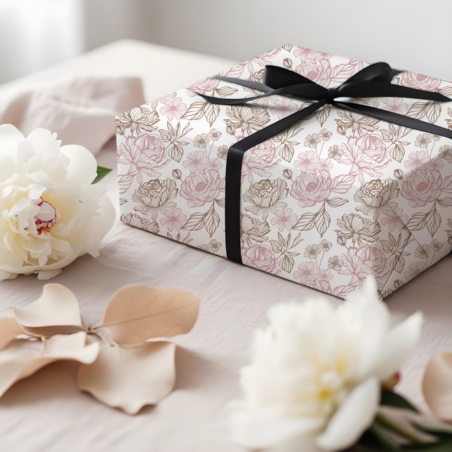 Elegant Hand-Drawn Peony & Leaf Floral Pattern Geschenkpapier (Elegant Hand-Drawn Peony & Leaf Floral Pattern Wrapping Paper)