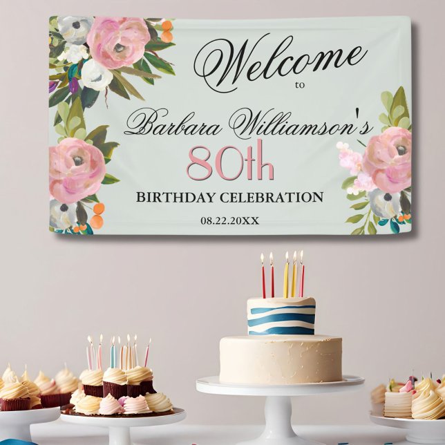 Elegant handgemalt Floral 80. Geburtstag Willkomme Banner (Von Creator hochgeladen)