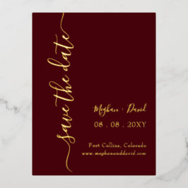 Elegant handgeschriebenes Burgundy Save the Date Folie Einladungspostkarte