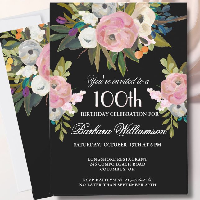 **Elegant Handpainted Floral 100th Birthday Party  Einladung (Von Creator hochgeladen)