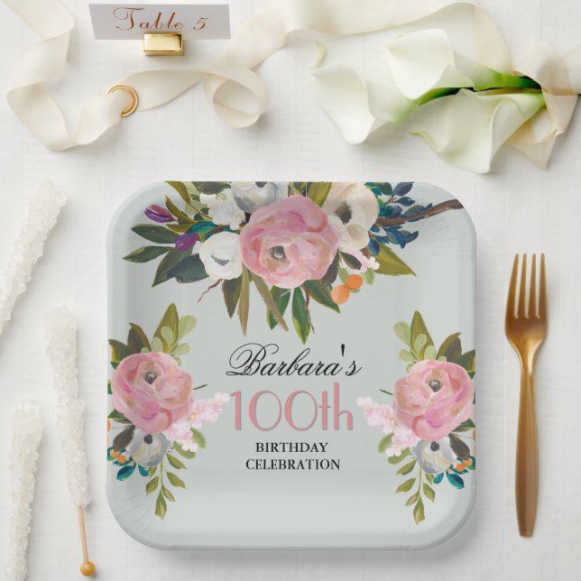 Elegant Handpainted Floral 100th Birthday Party  Pappteller (Hochzeit)