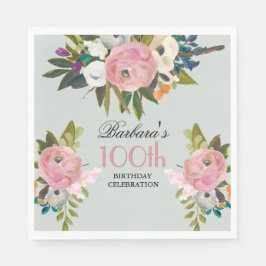 Elegant Handpainted Floral 100th Birthday Party  Serviette
