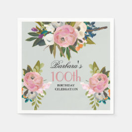 Elegant Handpainted Floral 100th Birthday Party  Serviette