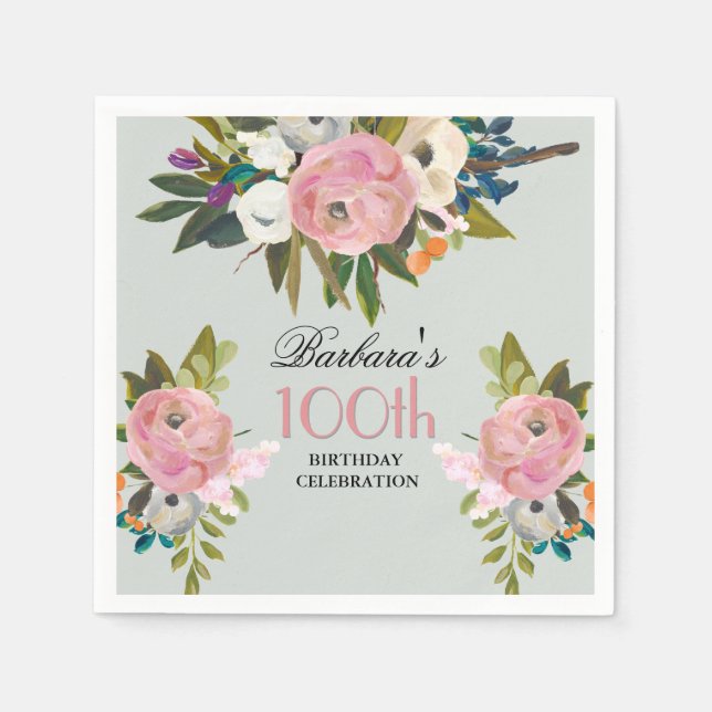 Elegant Handpainted Floral 100th Birthday Party  Serviette (Vorderseite)