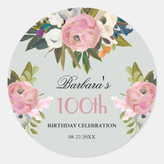 Elegant Handpainted Floral 100th Birthday Welcome Runder Aufkleber (Vorderseite)
