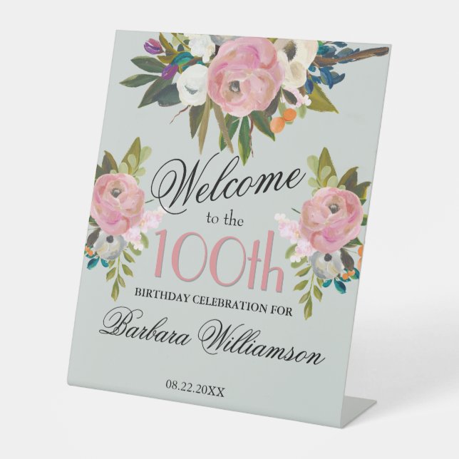 Elegant Handpainted Floral 100th Birthday Welcome Sockelschild (Vorderseite)