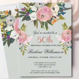 Elegant Handpainted Floral 50th Birthday Party  Einladung