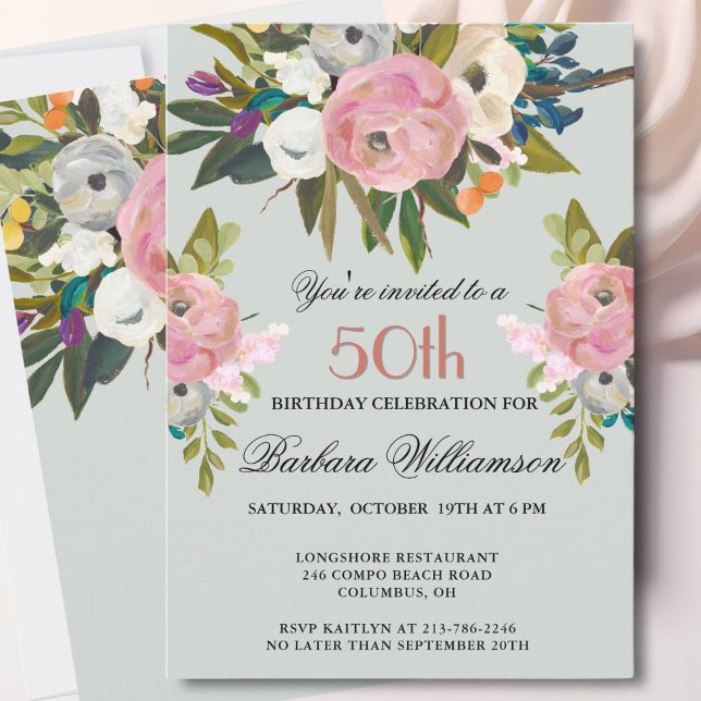 Elegant Handpainted Floral 50th Birthday Party  Einladung (Von Creator hochgeladen)