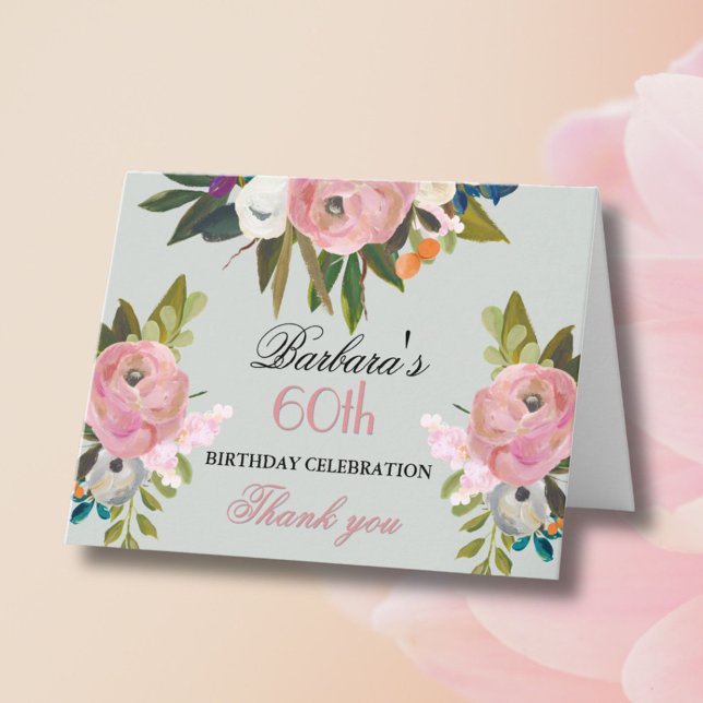 Elegant Handpainted Floral 60th Birthday Party  Dankeskarte (Von Creator hochgeladen)