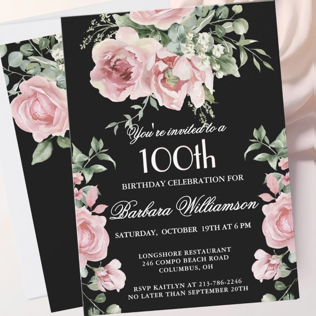 *Elegant Handpainted Roses 100th Birthday Party  Einladung (Von Creator hochgeladen)