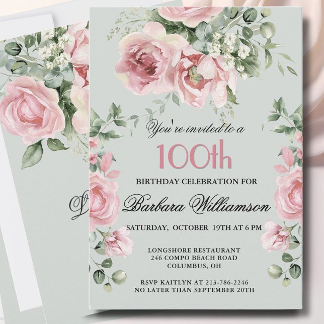 Elegant Handpainted Roses 100th Birthday Party  Einladung (Von Creator hochgeladen)