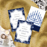 Elegant Hanukkah Party Menorah Muster Einladung<br><div class="desc">Dieses Design zeichne Inspiration vom Kontrast zwischen Tag und Nacht,  mit Blautönen,  die wie der Mond an Weiß erinnern.</div>