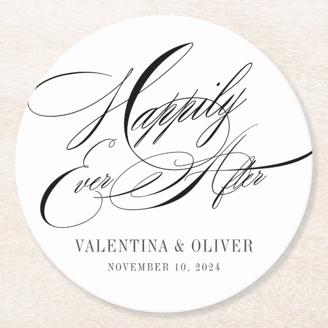 Elegant Happily Ever After Wedding Runder Pappuntersetzer (Vorderseite)