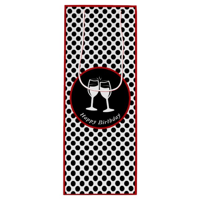 Elegant Happy Birthday Glasses Black Polka Dot Geschenktüte Für Weinflaschen (Vorderseite)