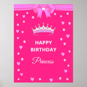Elegant Happy Birthday Princess & Gems on Fuchsia Poster