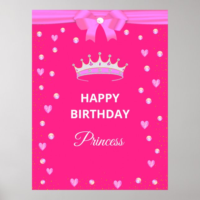 Elegant Happy Birthday Princess & Gems on Fuchsia Poster (Vorne)