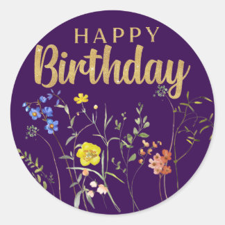 Elegant Happy Birthday Wildblumen Round Sticker