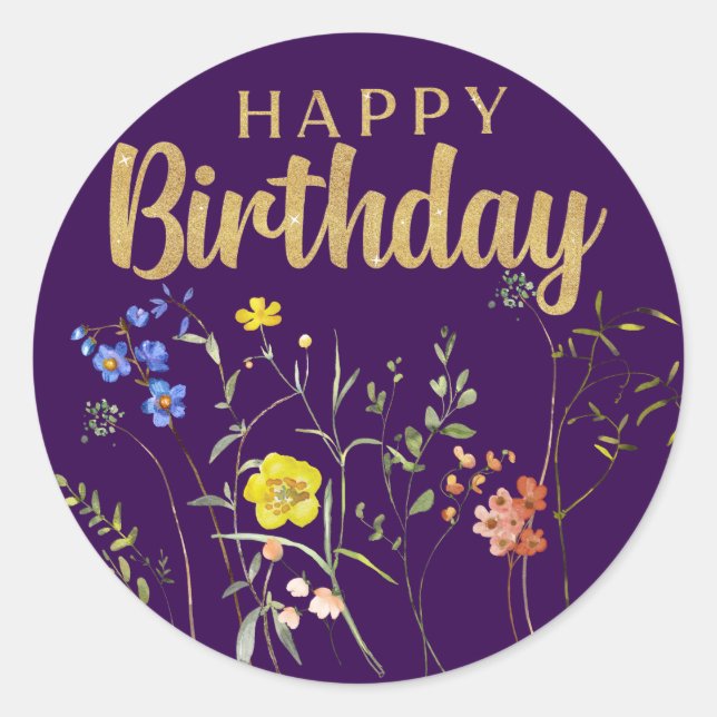 Elegant Happy Birthday Wildblumen Round Sticker (Vorderseite)