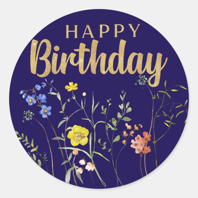 Elegant Happy Birthday Wildblumen Round Sticker (Vorderseite)