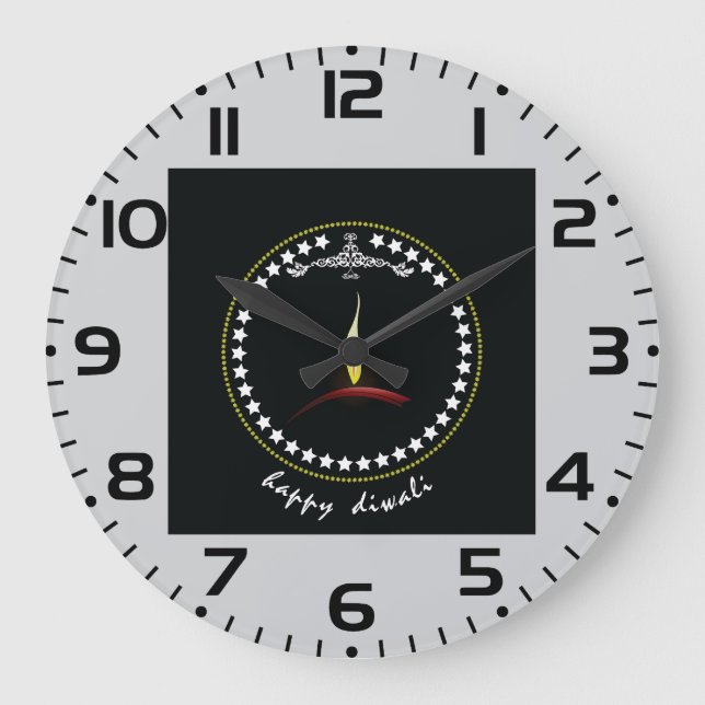 Elegant Happy Diwali Diya Flame Star Wreath Große Wanduhr (Vorderseite)