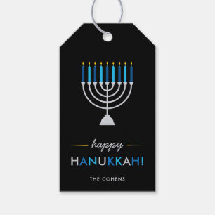 Elegant Happy Hanukkah Black mit Silver Menorah Geschenkanhänger