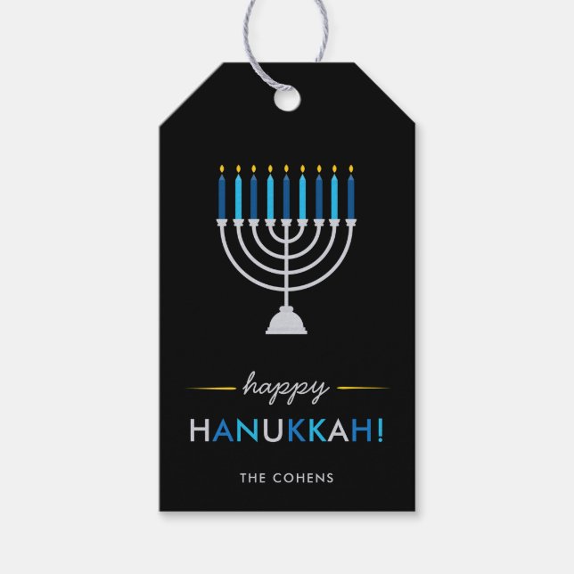 Elegant Happy Hanukkah Black mit Silver Menorah Geschenkanhänger (Vorderseite)