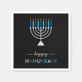 Elegant Happy Hanukkah Black mit Silver Menorah Serviette