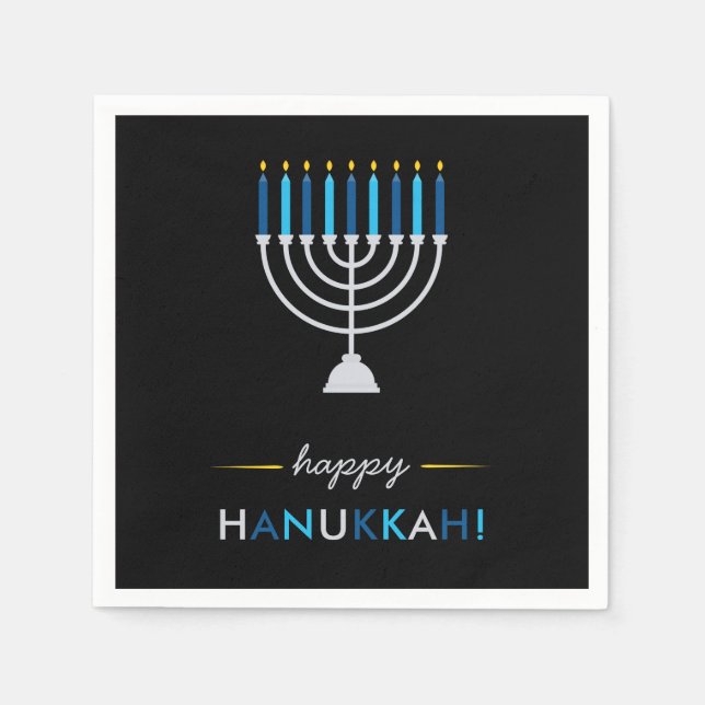 Elegant Happy Hanukkah Black mit Silver Menorah Serviette (Vorderseite)