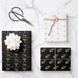 Elegant Happy Hanukkah Golden Menorah Monogram Geschenkpapier Set