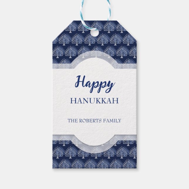 Elegant Happy Hanukkah Menorah Muster Blau Geschenkanhänger (Vorderseite)