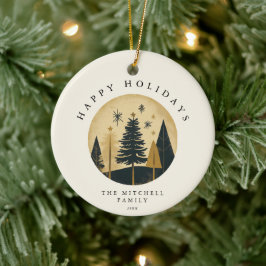 Elegant HAPPY HOLIDAYS Warme Gold Pine Forest Keramik Ornament