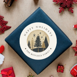 Elegant HAPPY HOLIDAYS Warme Gold Pine Forest Runder Aufkleber