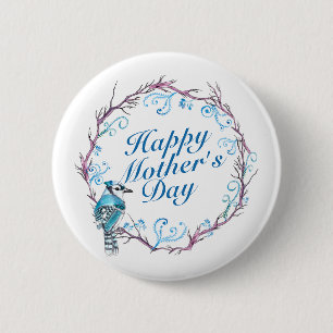 Elegant Happy Mother's Day Blue Wreath Button