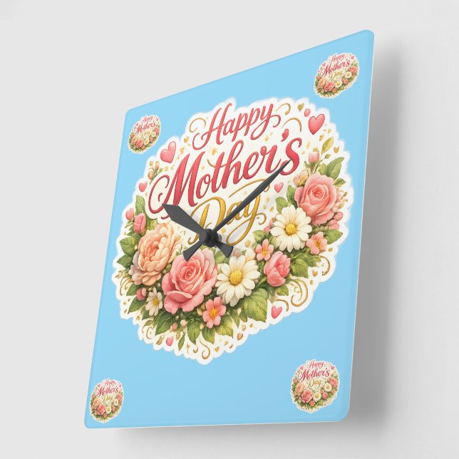 Elegant happy Mother's Day floral wreath Quadratische Wanduhr (Winkel)