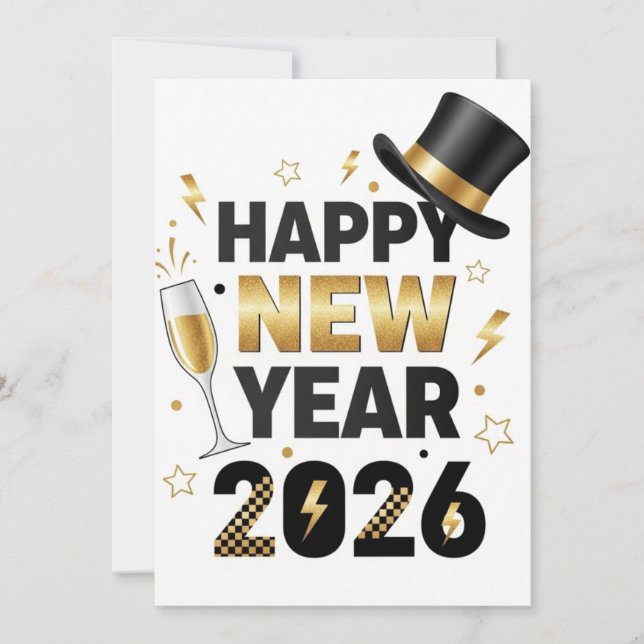 Elegant Happy New Year 2026 Black & Gold Greeting  Dankeskarte (Vorderseite)