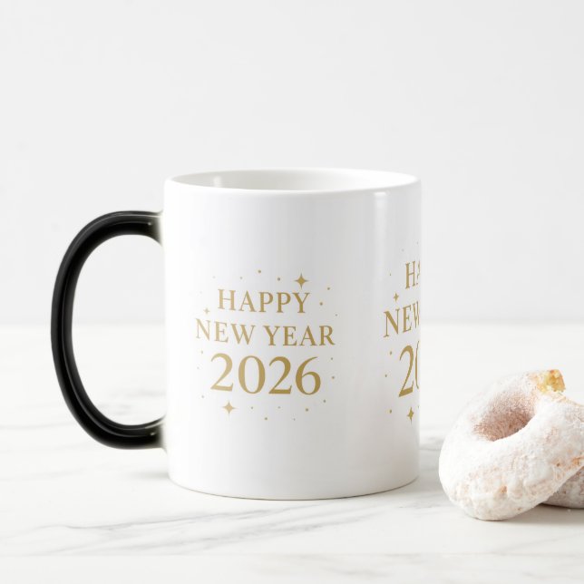 Elegant Happy New Year 2026 Coffee Mug Verwandlungstasse (Mit Donut)