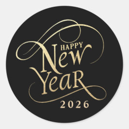 Elegant Happy New Year Black Gold Runder Aufkleber