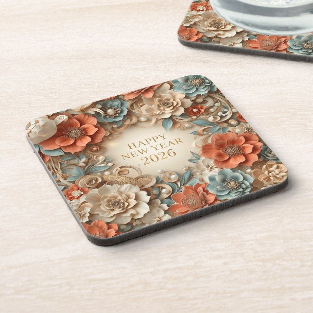 elegant happy new year floral coasters getränkeuntersetzer (Linke Seite)
