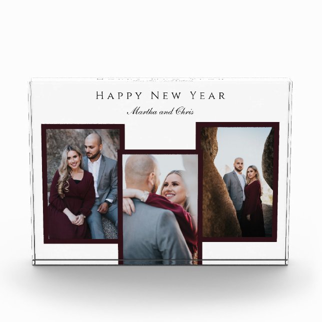 Elegant Happy New Year Script 3 Foto Collage Red (Vorderseite)