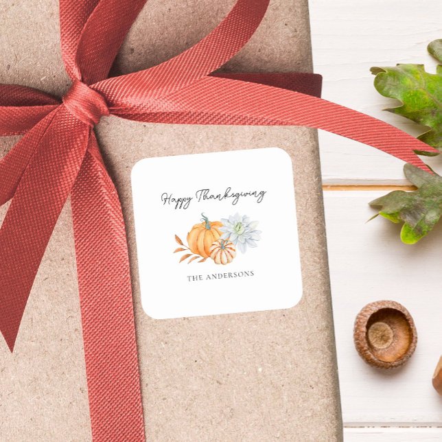 Elegant Happy Thanksgiving Pumpkin Fall Quadratischer Aufkleber (Von Creator hochgeladen)