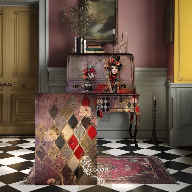 Elegant Hatter Harlequin Diamond Floral Seidenpapier (Decoupage sheet leaning against vintage secretary desk on checkerboard floor with pink Persian rug)