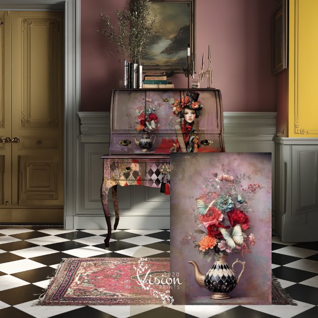 Elegant Hatter Harlequin Teapot Floral Seidenpapier (Decoupage sheet leaning against vintage secretary desk on checkerboard floor with pink Persian rug)