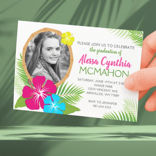 Elegant Hawaiian Luau Abschluss Foto Einladung (Tropical Luau Graduation 1 Photo Invitation. Available Printed with envelopes or Digital Download)