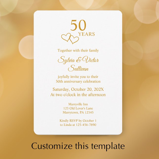 Elegant Heart Golden 50th Wedding Anniversary Einladung (Personalize this modern elegant golden 50th wedding anniversary party invitation.
)