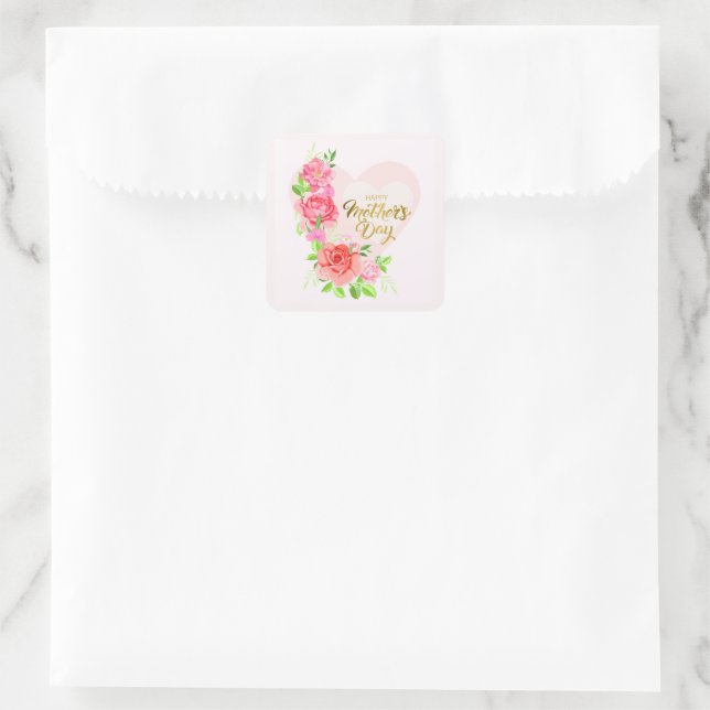 Elegant Heart Happy Mother’s Day – Rose Floral Quadratischer Aufkleber (Tasche)