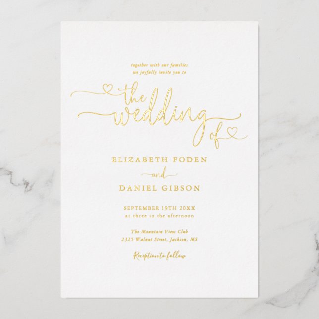 Elegant Hearts Script Calligraphy Wedding Gold Folieneinladung (Vorderseite)
